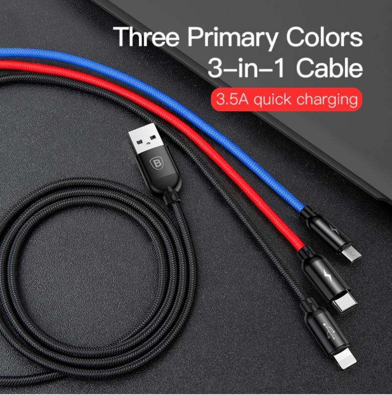 Baseus 3 in 1 Cable: Lightning, Micro & USB-C, 3 Ampere