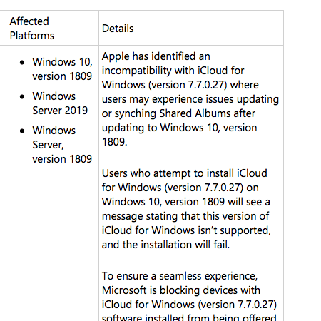 iCloud 7.7.0.27 and Windows 10 Update 1809 are incompatible