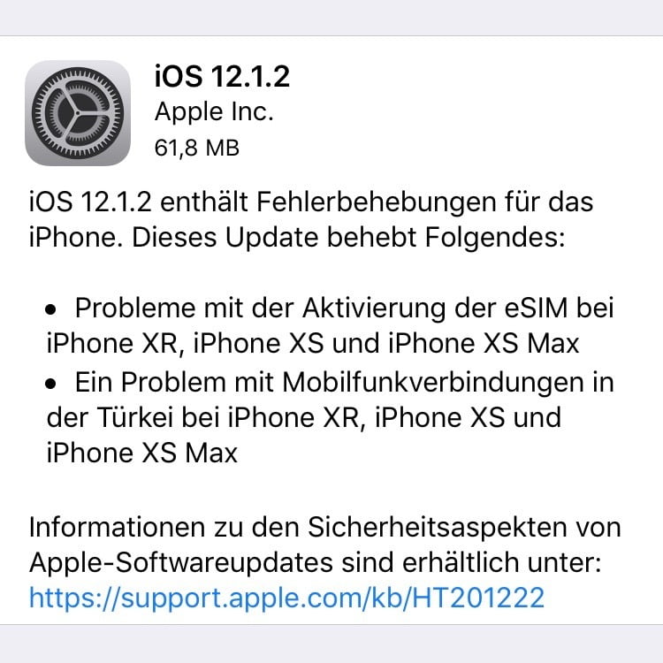 iOS 12.1.2 with bug fixes for eSIM card function