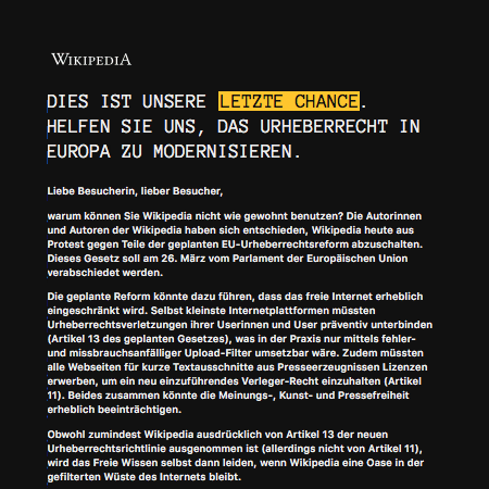 German Wikipedia not reachable in protest against article 13