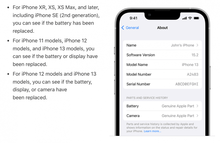 iPhone shows service history with spare parts as of iOS 15.2