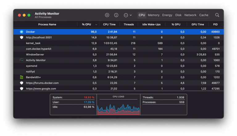 Docker 4.6.0 macOS 12.3 100% CPU utilization