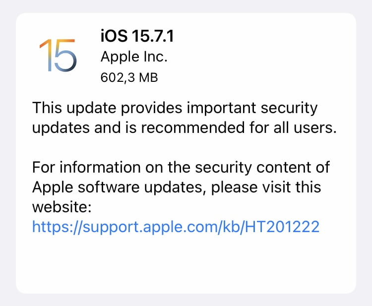 Security update to iOS 15.7.1 for older devices