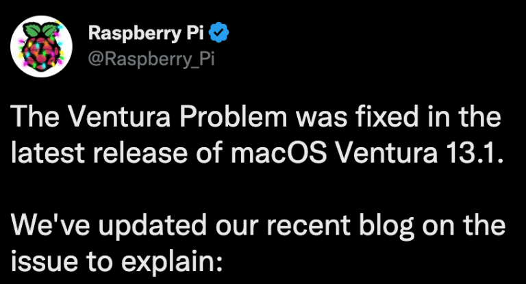 Ventura 13.1 solves problem with Raspberry Pi