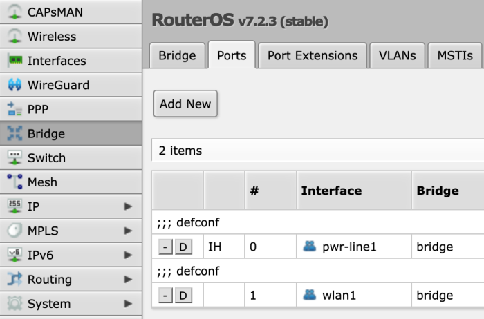 map lite add ether1 to bridge